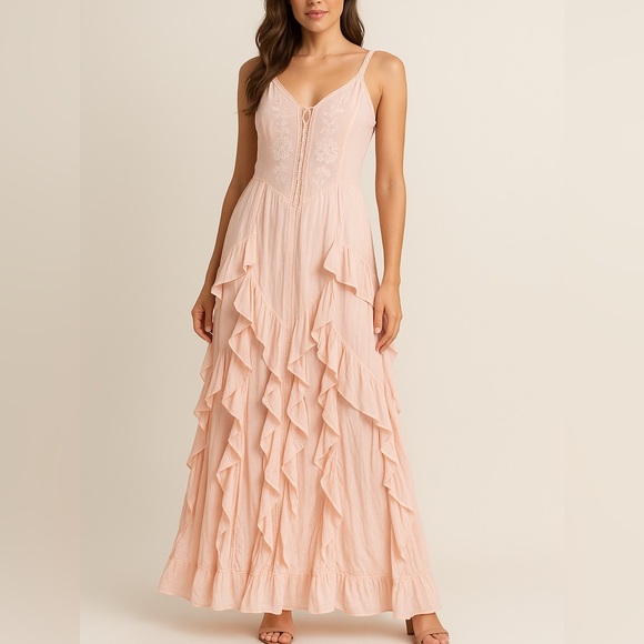 VENUS Dresses & Skirts - NWT VENUS Ruffled Tiered Maxi Boho Dress 100% Cotton In Blush Pink Size S